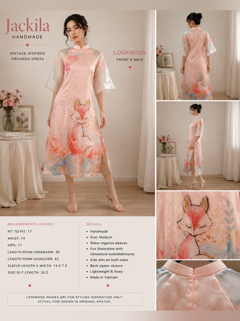 Handmade Pink Organza Midi Dress with Fox Illustration